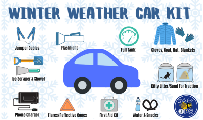 Winter Weather car kit. Jumper cables, ice scraper and shovel, phone charger, flares/reflective cones, first aid kit, water and snacks, kitty litter/sand for traction, gloves, coat, hat, and blankets, full tank of gas, flashlight